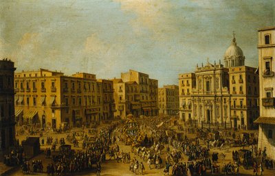 Largo San Ferdinando, Neapel, vid karnevalstid med den kungliga vagnen som närmar sig Palazzo Reale, av Antonio Joli