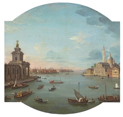 Utsikt över San Giorgio Maggiore, Venedig, med Punta della Dogana i förgrunden av Antonio Joli