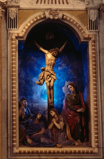 Crucifixion, av Anton Maria Maragliano (1664-1739), Crucifix kapell, Shrine of Our Lady of Acquasanta, Acquasanta, Genua, Ligurien, Italien av Antonio Maria Maragliano
