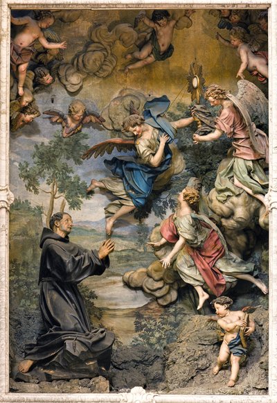 San Pasquale Baylon i tillbedjan (fresk på snidat trä) av Antonio Maria Maragliano