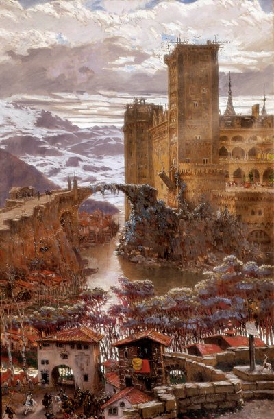 Utsikt över ett romantiskt slott. Målning av Antoni Munoz i Degrain (1841-1924). Början av 1900-talet. Valencia. Museum of Fine Arts San Pio V. av Antonio Munoz Degrain