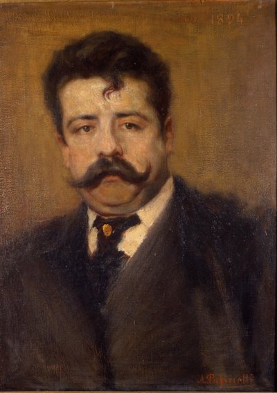 Porträtt av Ruggero Leoncavallo. Italiensk kompositör (1858 till 1919) Målning av Antonio Pasinetti (1863-1940). av 1894. Museo della Scala i Milano. av Antonio Pasinetti