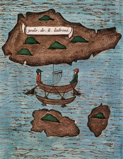 Islas de los Ladrones (idag Mariana Islands), färgat träsnitt från Rapport om den första resan jorden runt med Ferdinand Magellan av Antonio Pigafetta