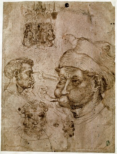Fyra mäns huvuden, varav två har tre ansikten. En altartavla. En häst. Teckningar från verkstaden av Antonio di Puccio Pisano dit Pisanello (1395-1455). Brunt bläck, penna (ritning), blod. Mått: 27,1x20,5cm. Louvren, Cabinet des medailles. av Antonio Pisanello