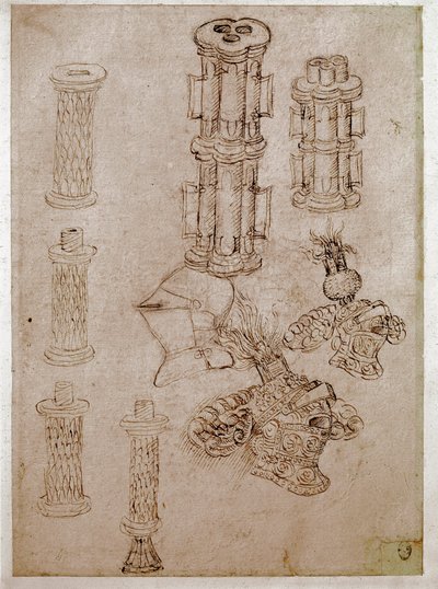 Tre hjälmar toppade med kistor och två stycken vapen demolerade. Teckning av Antonio di Puccio Pisano dit Pisanello (1395-1455) Brunt tusch, svart sten, fjäder. Mått: 28,7x20,6cm. Louvren, ritfirma av Antonio Pisanello