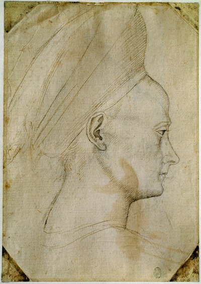 Ung kvinnas huvud, i profil till höger. Ritning av verkstaden av Antonio di Puccio Pisano dit Pisanello (1395-1455). Brunt bläck, svart sten, fjäder. Mått: 24,6x17,2 cm. Louvren, Cabinet des dessins. av Antonio Pisanello