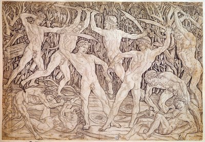Nakna män slåss. Graverad av Antonio Pollaiuolo (Pollaiolo) (1432-1498) av Antonio Pollaiuolo