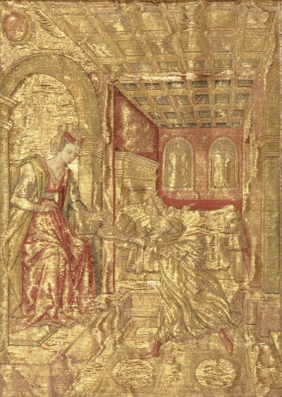 Salome presenterar Johannes Döparens huvud för Herodias, gobeläng som skildrar scener från helgonets liv (textil) av Antonio Pollaiuolo