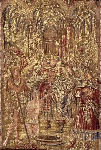 Johannes Döparen tillkännager Kristi mission för fariséerna, gobeläng som skildrar scener från helgonets liv (textil) av Antonio Pollaiuolo