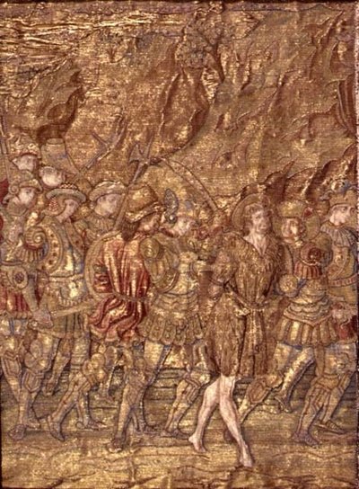 Johannes Döparen förd till fängelset, gobeläng som skildrar scener ur helgonets liv (textil) av Antonio Pollaiuolo