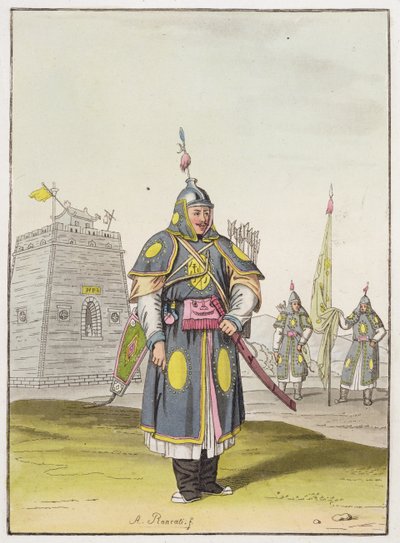 Kinesisk soldat i hel stridsklänning, illustration från 