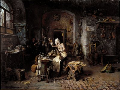 Den italienske luthier Antonio Stradivari (Stradivarius) (1644-1737) i sin verkstad av Antonio Rinaldi