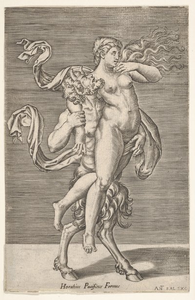 Satyr bärande en nymf, vars högra arm är lindad runt satyrens hals, med en ..., ca. 1505-62. av Antonio Salamanca