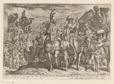 Abraham tar med Lot och hans familj till sitt eget land Abraham Loth, et familia reducit (titel på objekt) Gamla testamentets stridsscener (serietitel) av Antonio Tempesta