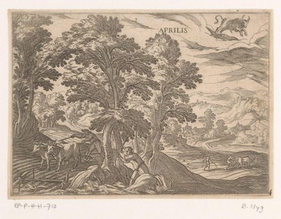 April: plöjning och sådd (tjur) Aprilis (titel på objekt) De tolv månaderna (del 2) (serietitel) av Antonio Tempesta