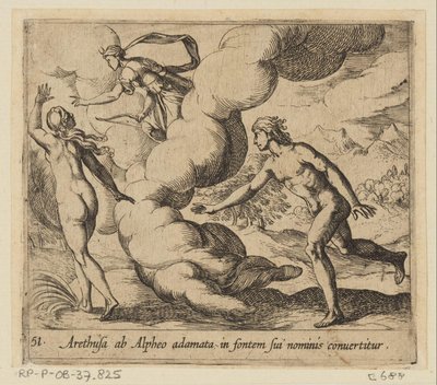 Arethusa wordt efterföljd av Alpheus Arethusa, förälskad i Alpheus, förvandlas till källan till hennes namn (titel på objektet) Metamorfoseon eller transformationer (serietitel) Metamorfosen van Ovidius (serietitel) av Antonio Tempesta