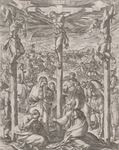 Kristus korsfästes mellan de två tjuvarna, de tre Mariana vid korsets fot, 1612. av Antonio Tempesta