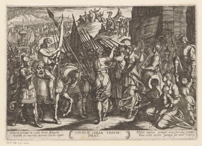 David återvänder triumferande med Goliats huvud David e Golia triumfat (titel på objekt) Gamla testamentets stridsscener (serietitel) av Antonio Tempesta