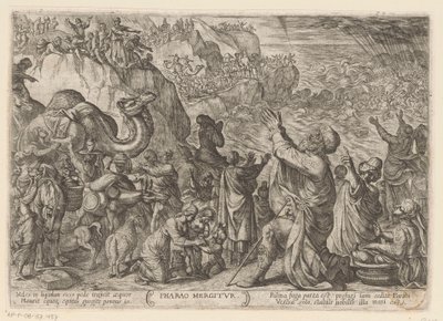 Egyptierna drunknar i Röda havet Farao Mergitur (titel på objekt) Gamla testamentets stridsscener (serietitel) av Antonio Tempesta