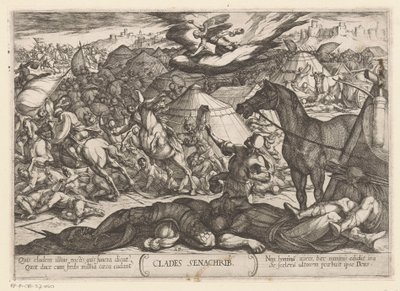 Dödsängeln erövrar Sanheribs armé Clades Senachrib (titel på objekt) Gamla testamentets stridsscener (serietitel) av Antonio Tempesta