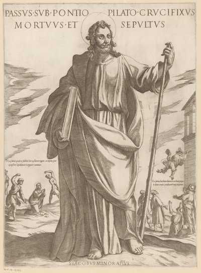 De heilige Jakobus de Mindere Lidande under Pontius Pilatus, korsfäst, död och begravd (titel på objekt) Kristus, Maria och aposteln (serietitel) av Antonio Tempesta