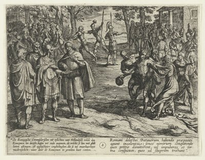 De gamla bataviska männen köper av sig sin tjänst till romarna, 69-70 The Batavian Revolt (serietitel) Batavorum cum Romanis Bellum, à majs. Tacito / The Batavian Oft Oude Hollandtsche Krijghe teghen de Romeynen (serietitel på objekt) av Antonio Tempesta