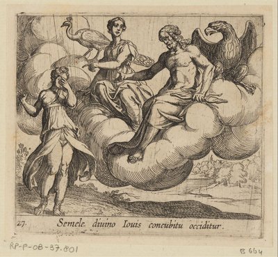 De wens van Semele Semele dödas genom samlag med den gudomlige Jupiter (titel på föremål) Metamorfoseon eller transformationer (serietitel) Metamorfosen van Ovidius (serietitel) av Antonio Tempesta