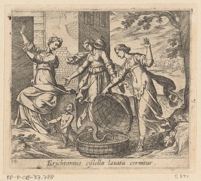 Erichthonius uit zijn mand gelaten Erichthonius ses med en lös korg (titel på föremål) Metamorfoseon eller transformationer (serietitel) Metamorfosen van Ovidius (serietitel) av Antonio Tempesta