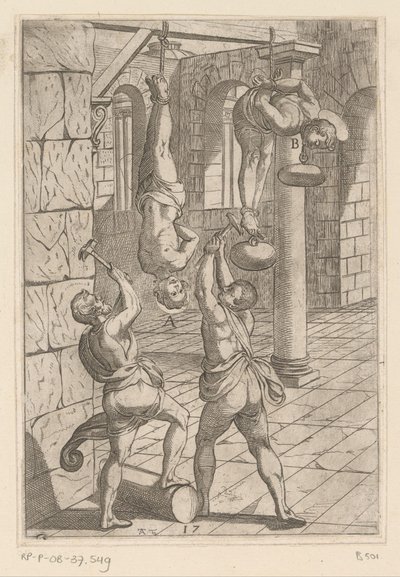 Tortyr med hammare medan du hänger Tortyr som lidit av kristna martyrer (serietitel) Varia tormentorum et supplicioru crudelium (...) (serietitel) av Antonio Tempesta