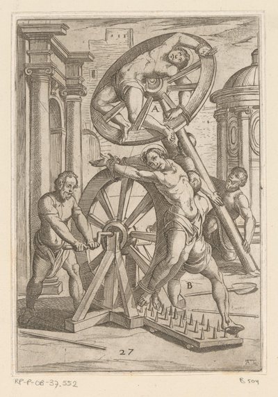 Tortyr med vassa spetsar och hjul Tortyr som lidit av kristna martyrer (serietitel) Varia tormentorum et supplicioru crudelium (...) (serietitel) av Antonio Tempesta