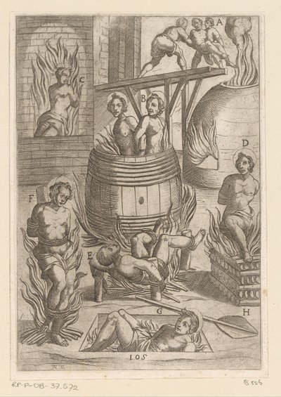 Tortyr med olika sätt att bränna Tortyr som lidit av kristna martyrer (serietitel) Varia tormentorum et supplicioru crudelium (...) (serietitel) av Antonio Tempesta