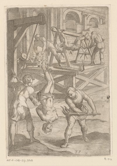 Tortyr: hängande och brinnande Tortyr som lidit av kristna martyrer (serietitel) Varia tormentorum et supplicioru crudelium (...) (serietitel) av Antonio Tempesta