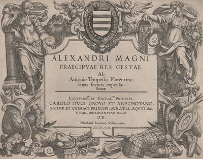 Frontispice till Alexander den stores liv, till vänster är Bellona och till höger en hona ..., 1608. av Antonio Tempesta
