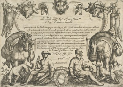 Frontispice med jägare, hundar och hästar, från "Hunting Scenes VI", 1609. av Antonio Tempesta