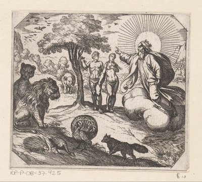 Gud förbjuder Adam och Eva att äta från kunskapens träd The Creation (serietitel) av Antonio Tempesta