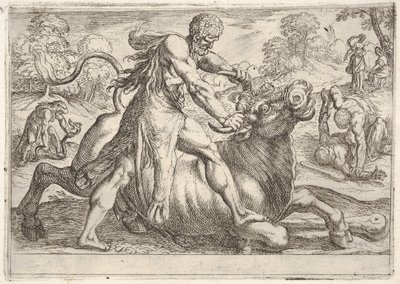 Hercules och Achelous: i mitten tar Hercules tag i hornen på en tjur medan han trycker på hans ri..., 1608. av Antonio Tempesta