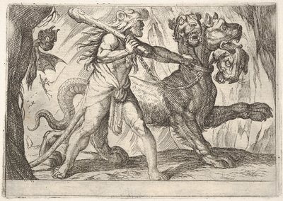 Hercules och Cerberus: Hercules tar tag i Cerberus krage, två demoner dyker upp till vänster..., 1608. av Antonio Tempesta