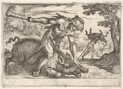 Hercules and the Boar of Erymanthus: Hercules håller ner galtens nos med sin vänstra ha..., 1608. av Antonio Tempesta