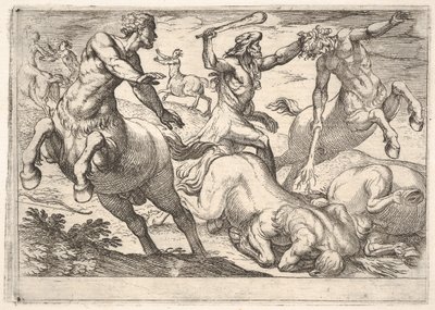 Hercules and the Centaurs: Hercules håller i huvudet på en kentaur med sin vänstra hand och rai..., 1608. av Antonio Tempesta