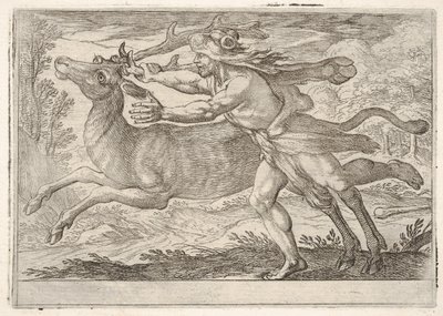 Hercules and the hind of Mount Cerynea: Hercules går bredvid baken och tar tag i..., 1608. av Antonio Tempesta
