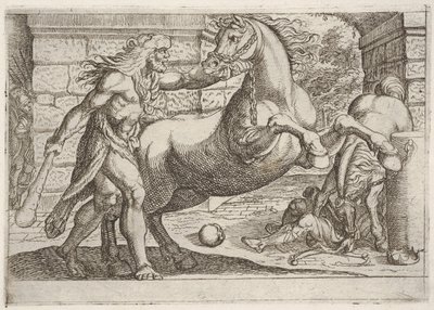 Hercules and the Mares of Diomedes: Hercules tar tag i tränset på en uppfödande häst, en sekund..., 1608. av Antonio Tempesta