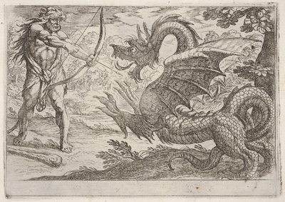 Hercules and the Serpent Ladon: Hercules drar sin båge, den uppfödande ormen dyker upp i pro..., 1608. av Antonio Tempesta