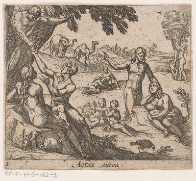 Den gyllene åldern Aetas aurea (titel på objekt) Metamorphoseon sive transformationum (serietitel) Metamorphoses of Ovid (serietitel) av Antonio Tempesta