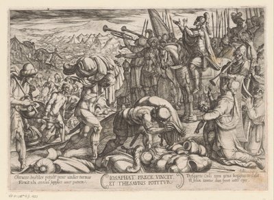 Josafat tackar Gud för hans seger Iosaphat prece vincit et thesauris potitur (titel på objekt) Gamla testamentets stridsscener (serietitel) av Antonio Tempesta