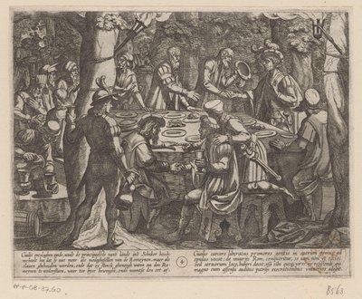 Julius Civilis berättar för de holländska äldre att de behandlas som slavar av romarna De bataviska krigen mot romarna (serietitel) Batavorum cum Romanis Bellum (serietitel) av Antonio Tempesta
