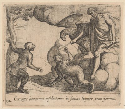 Jupiter förvandlar Cercopes till en apa Jupiter förvandlar det godas belägrare till apor (titel på objekt) Metamorfoseon eller transformationer (serietitel) Metamorfosen van Ovidius (serietitel) av Antonio Tempesta