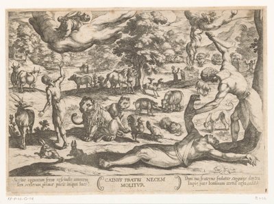 Kain dödar Abel Cainus fratri necem molitur (titel på objekt) Gamla testamentets stridsscener (serietitel) av Antonio Tempesta