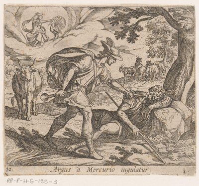 Mercury doodt Argus Argus stryps av Merkurius (titel på objekt) Metamorfoseon eller transformationer (serietitel) Metamorfosen van Ovidius (serietitel) av Antonio Tempesta