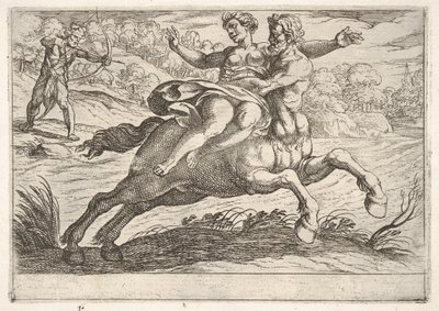 Nessus försöker ta Dejanira från Hercules: Nessus håller Dejanira fast på sin rygg wh..., 1608. av Antonio Tempesta