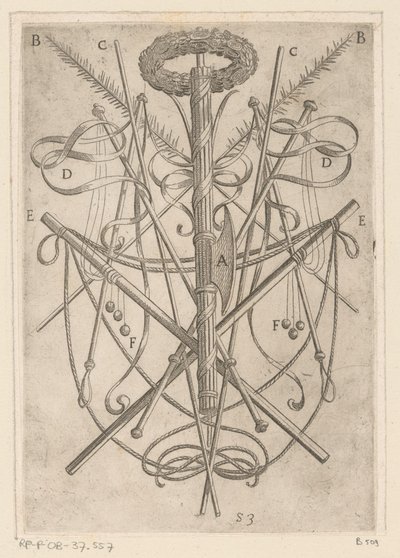 Prydnad med tortyrverktyg Tortyr som lidit av kristna martyrer (serietitel) Varia tormentorum et supplicioru crudelium (...) (serietitel) av Antonio Tempesta